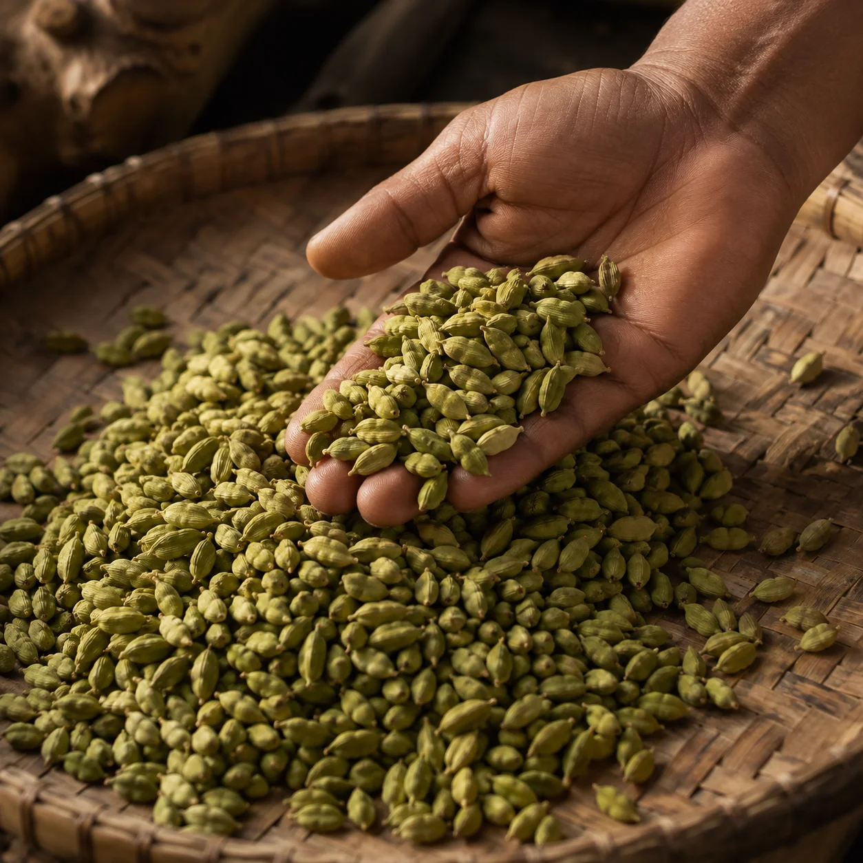 Close-up of green cardamom pods on a woven tray