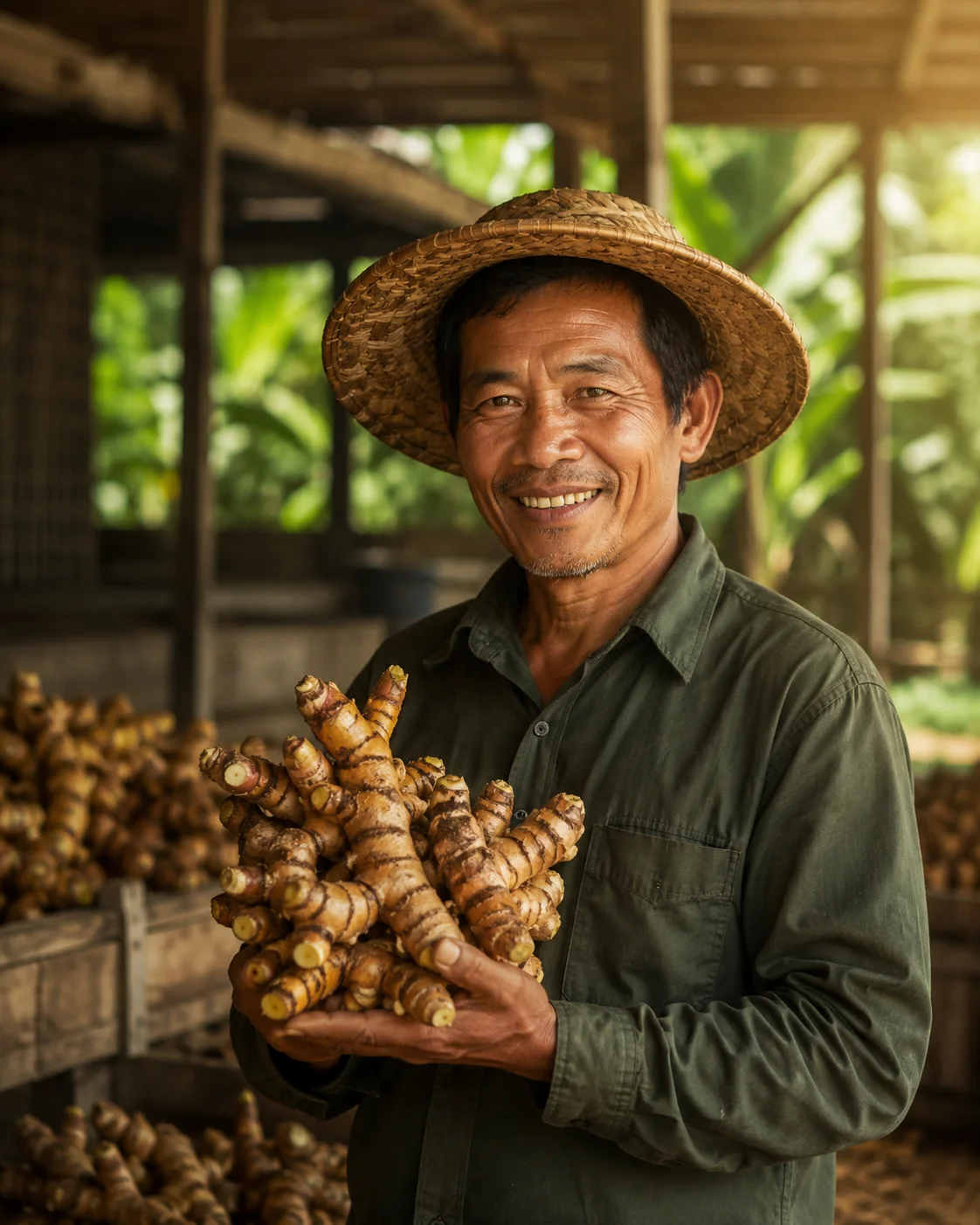 Indonesian supplier holding fresh galangal roots in a rural processing setting