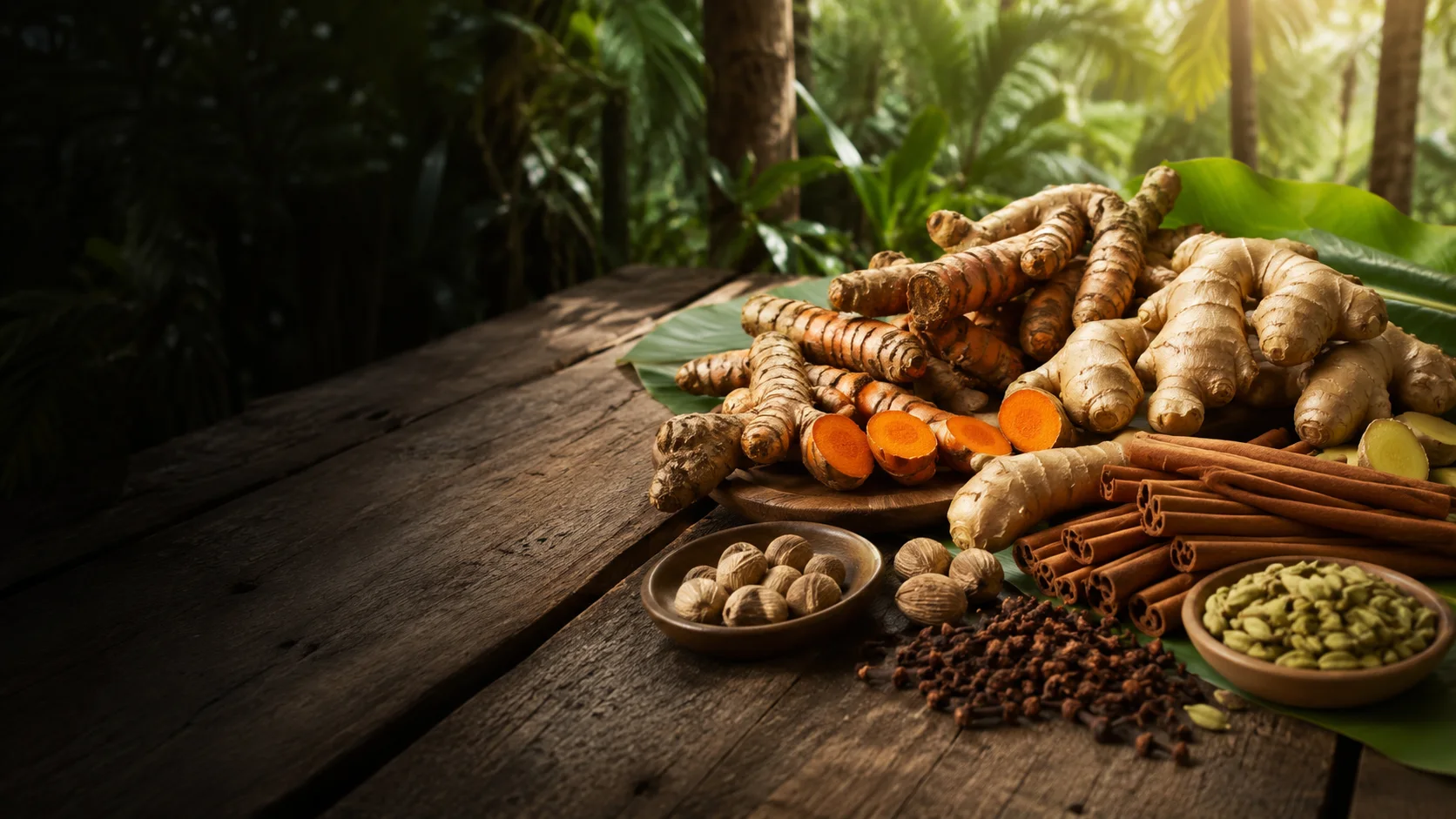 Authentic Indonesian spices and herbs arranged on a rustic table