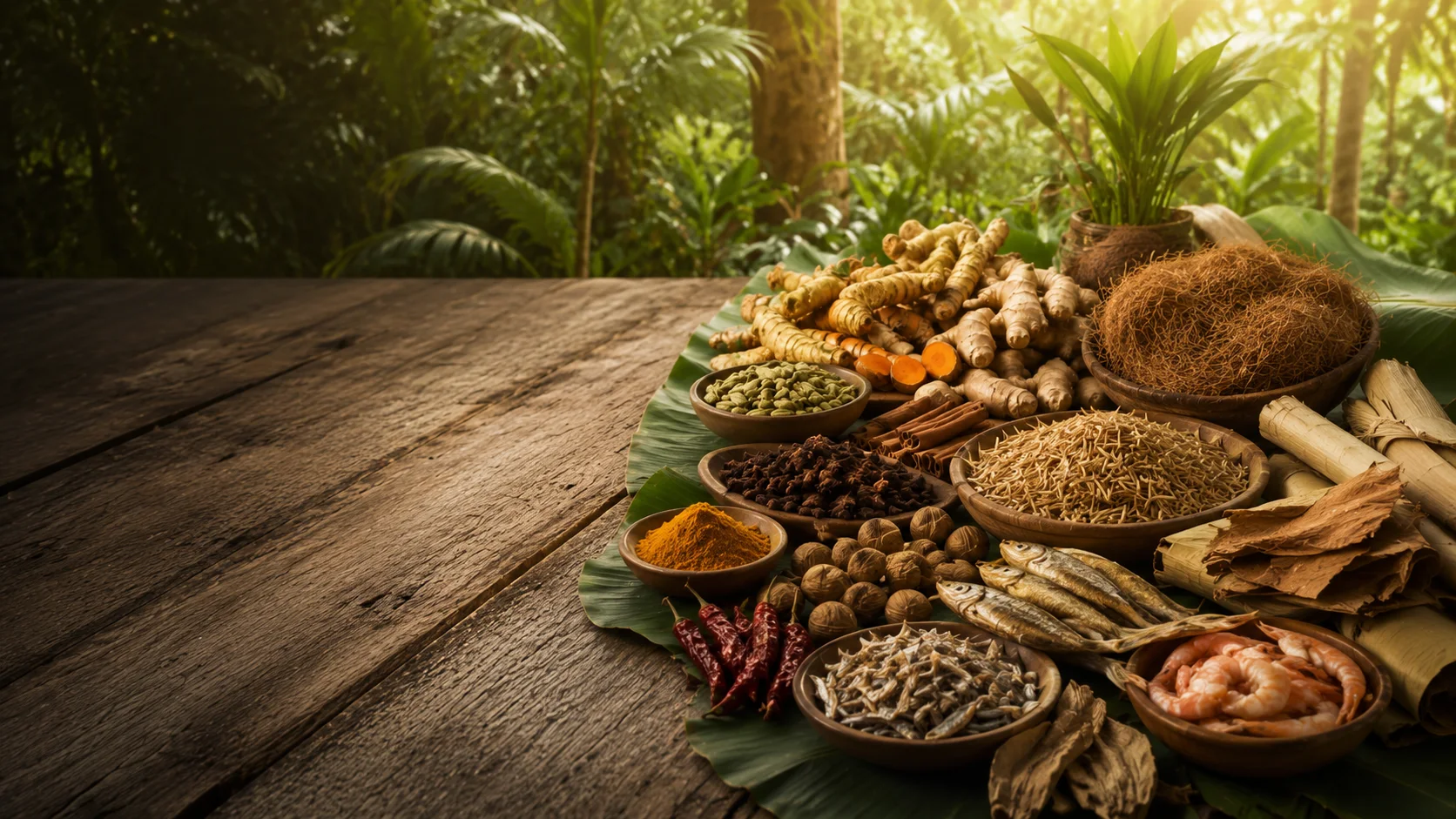 Selection of Indonesian export categories including spices, materials, and foods