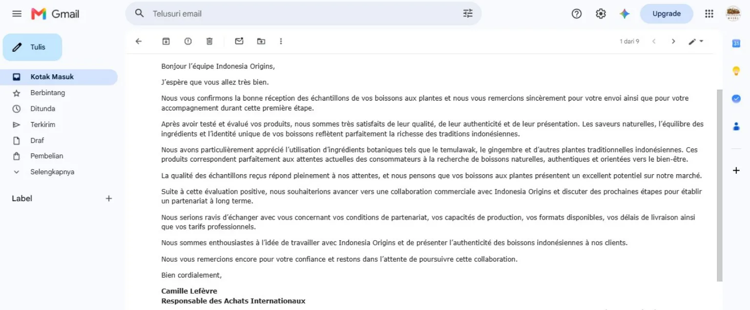 Email testimonial in French from Camille Lefèvre about Indonesian plant-based beverage samples.