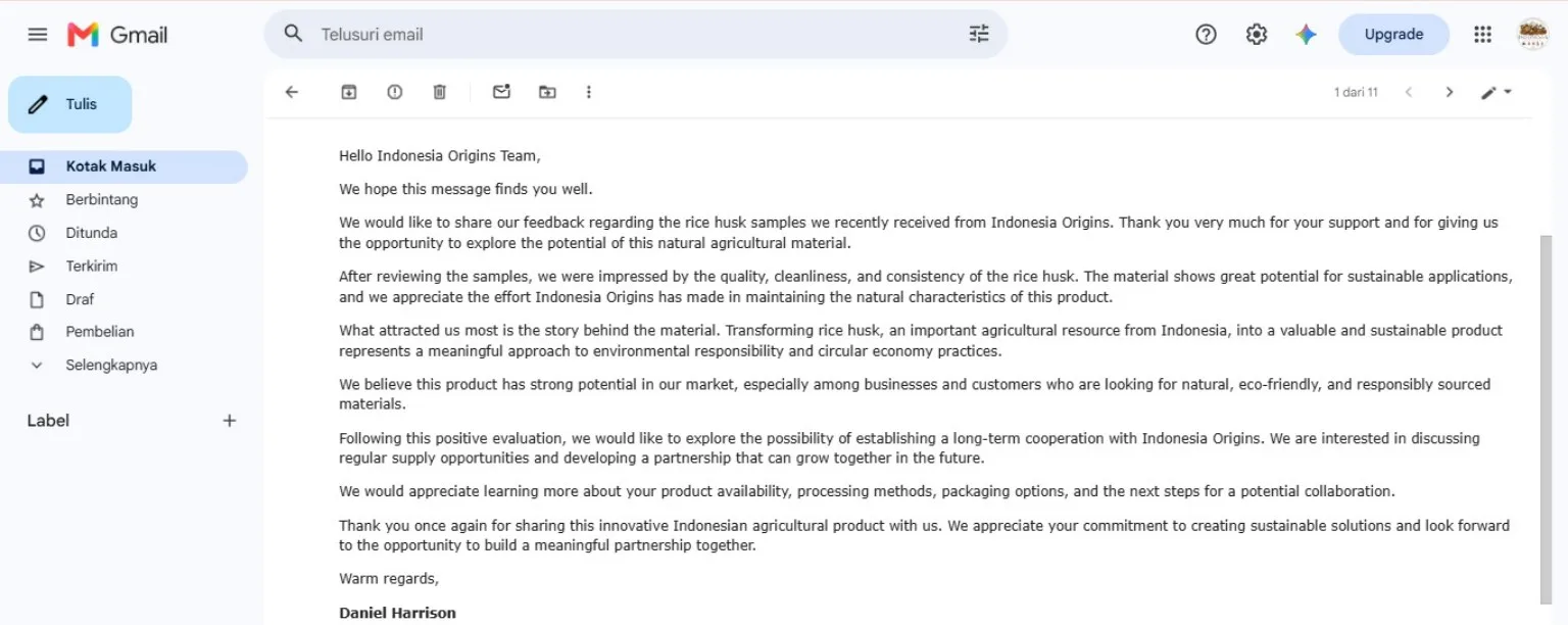 Email testimonial from Daniel Harrison about rice husk samples and long-term cooperation interest.