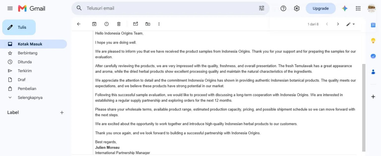 Email testimonial from Julien Moreau regarding Temulawak and dried herbal product samples.